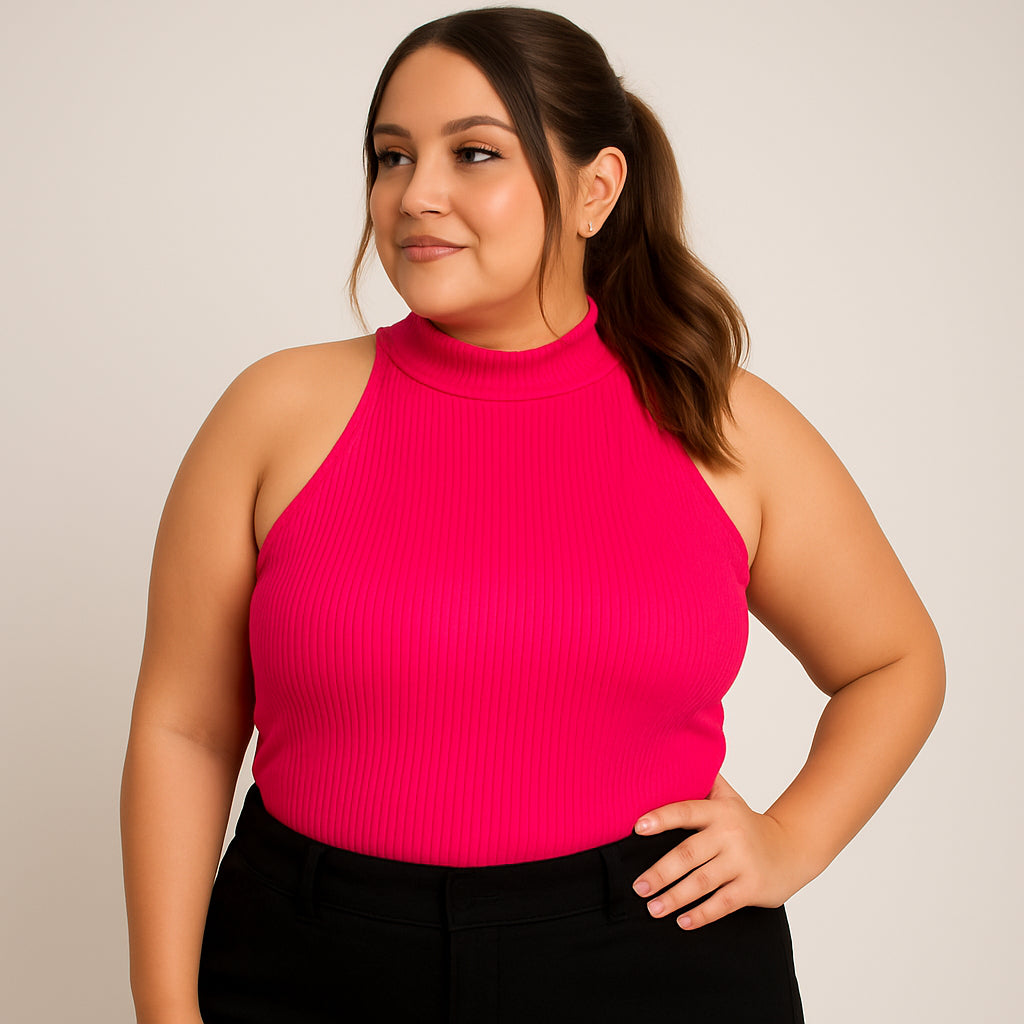Blusa Regata Feminina Canelada Gola Alta Plus Size Cacharrel Blusinha Feminino Ribana Basica Elegante