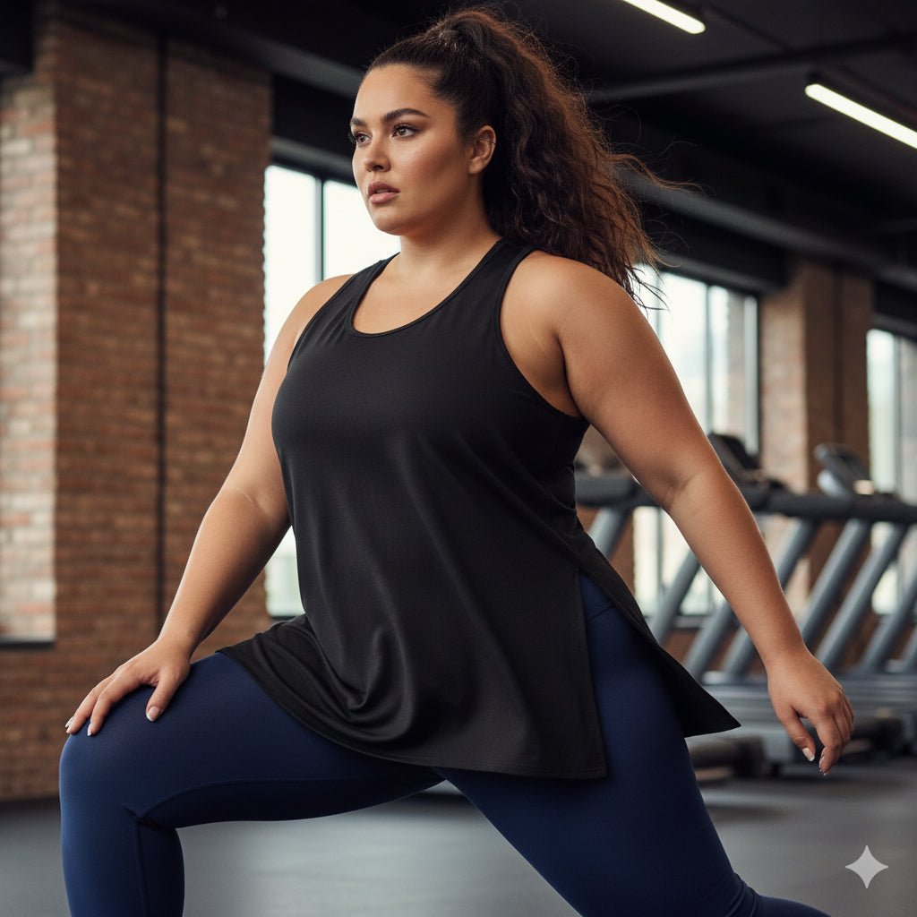 Regata Academia Feminina Plus Size Básica Tapa Bumbum Alça Grossa Soltinha Treino Cavada Confortável
